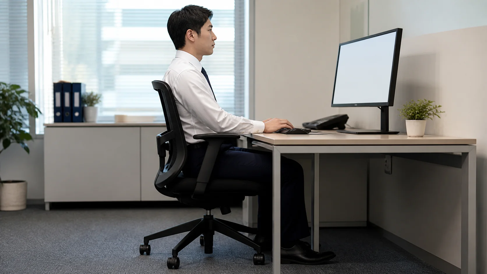長時間デスクワークをする男性