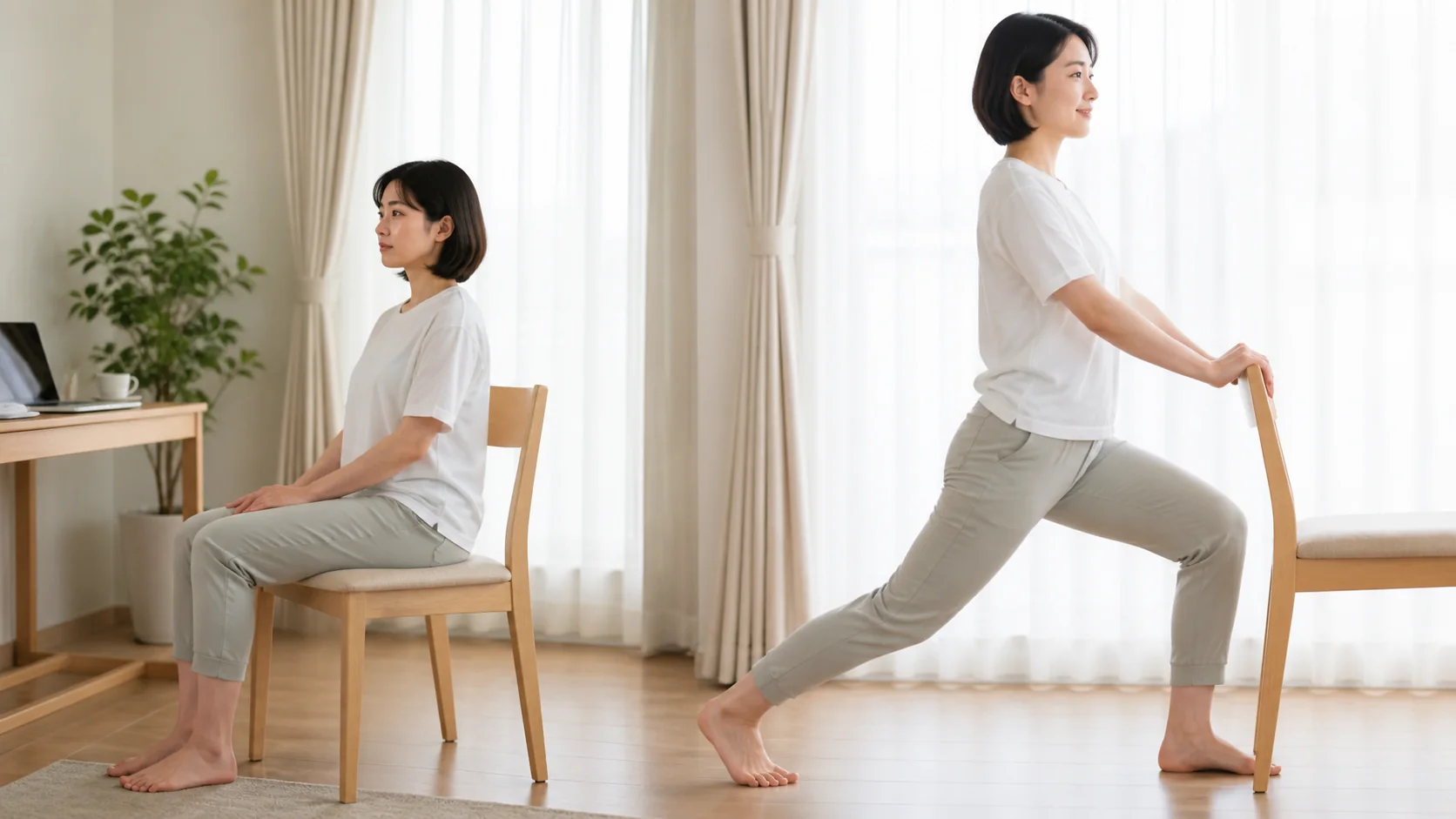 椅子を支えに立位で股関節を伸ばす女性