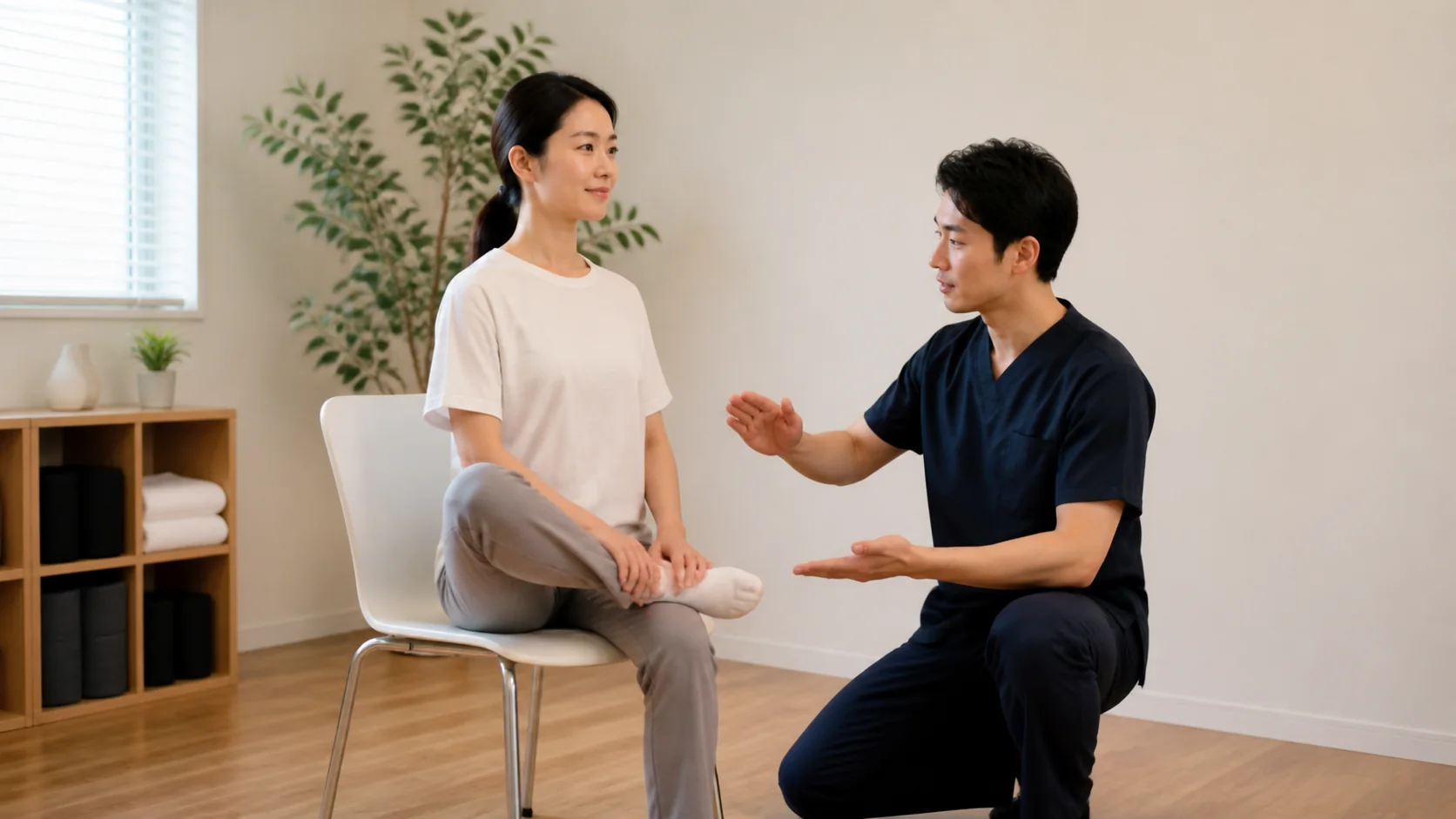施術者から股関節ストレッチのコツを学ぶ女性
