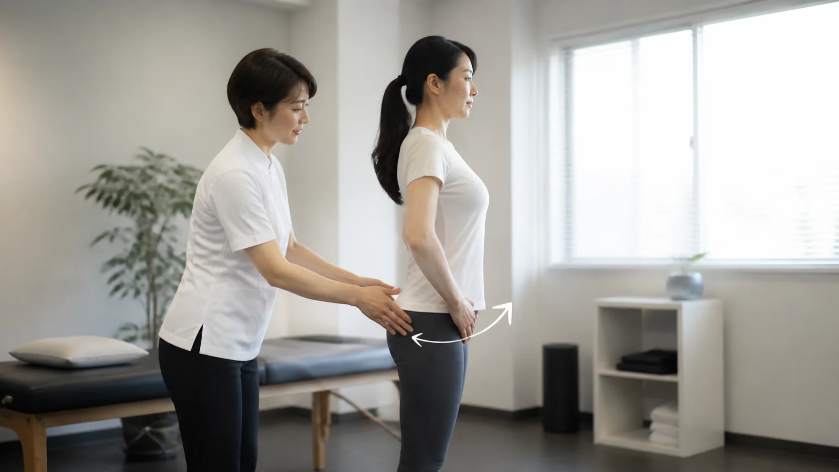 施術者と骨盤の動きを確認する女性