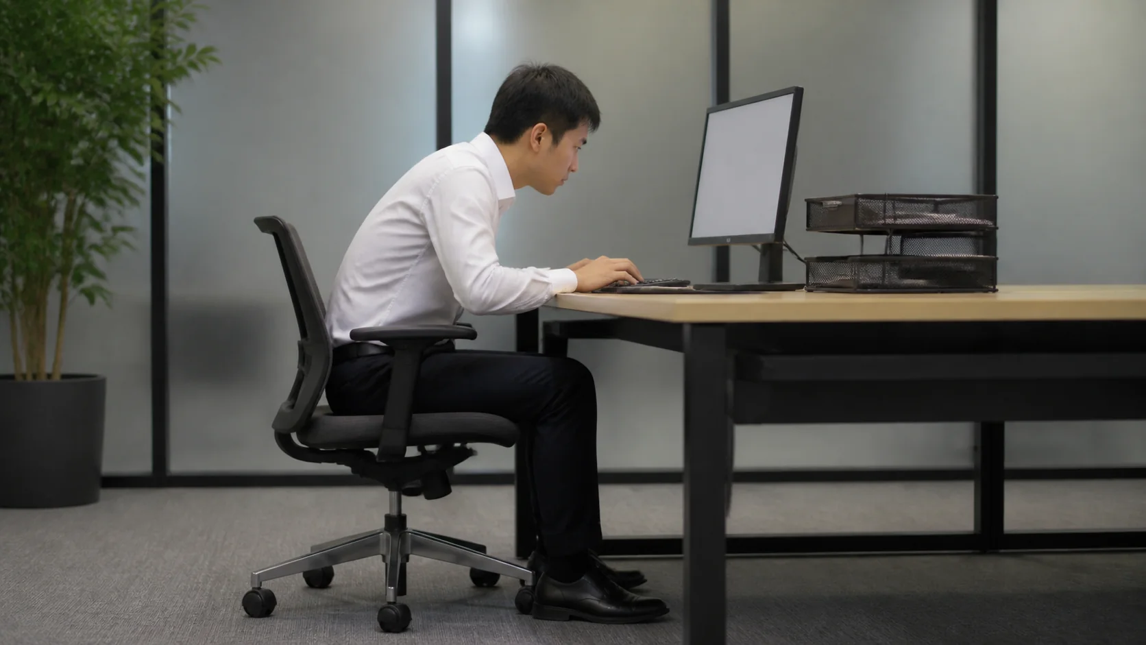 腰を丸めて座る男性