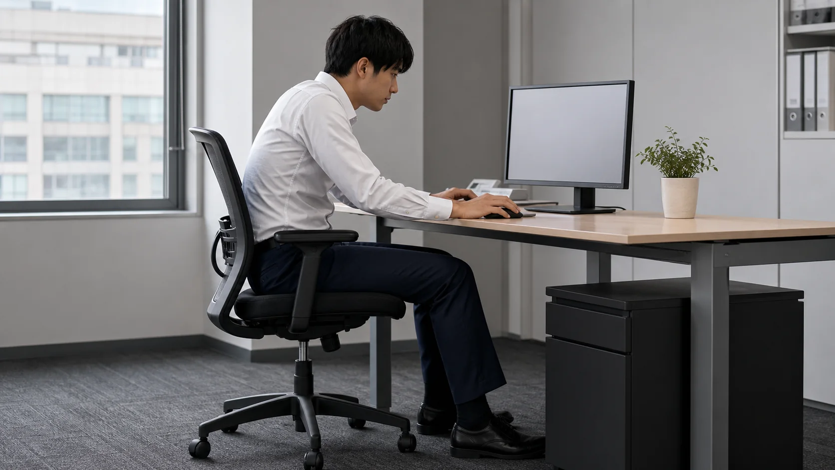 前のめり姿勢で長時間座る男性
