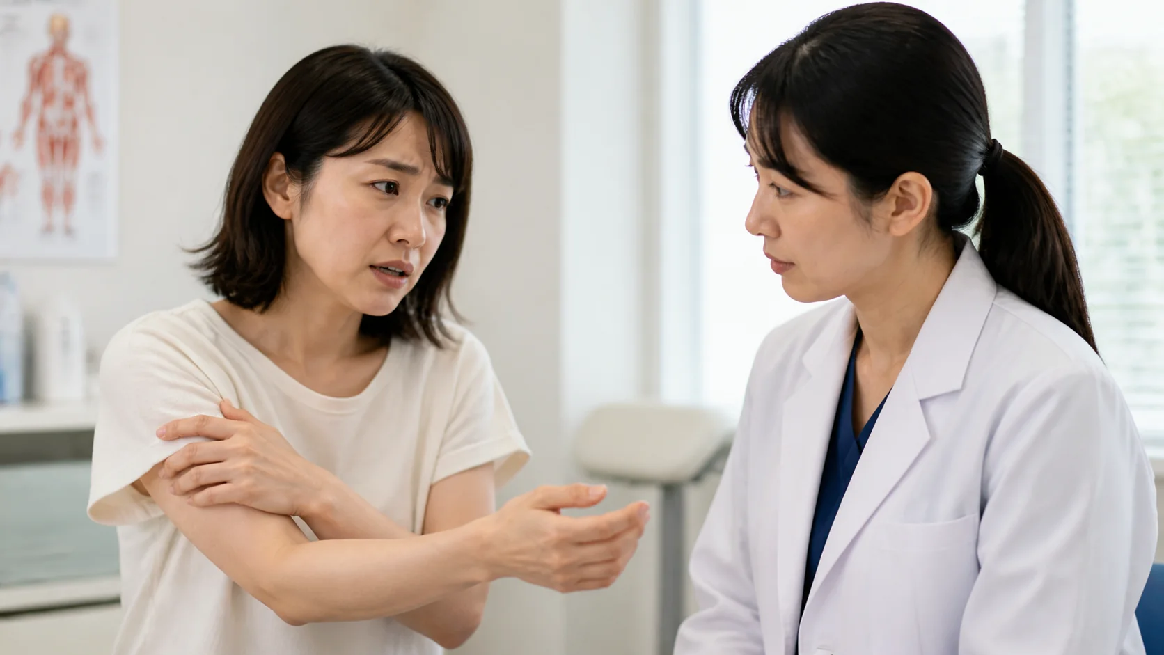 腕のしびれを医療者に相談する女性
