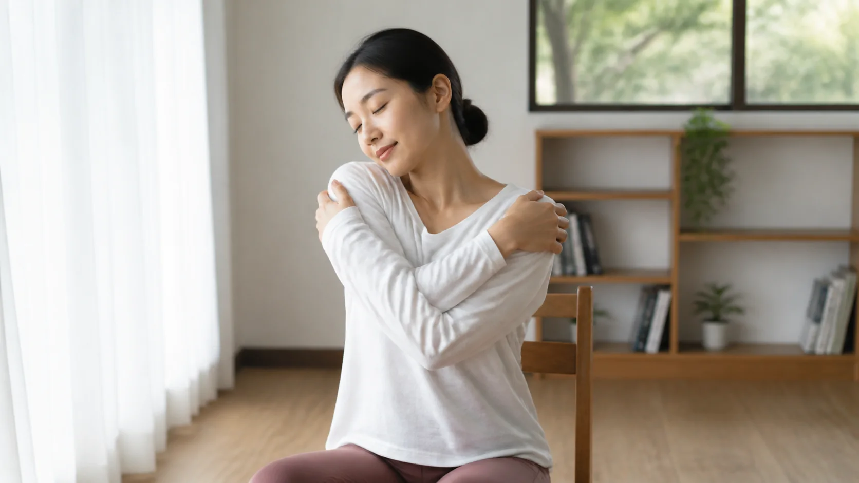 自分を抱くように肩甲骨を広げる女性
