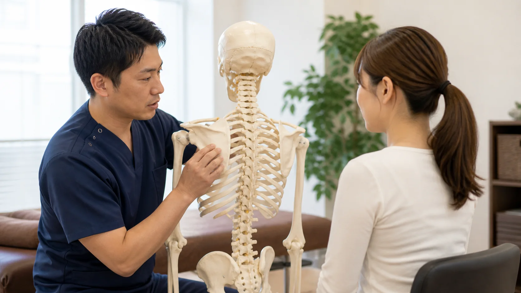 骨格模型で肩甲骨の動きを説明する施術者