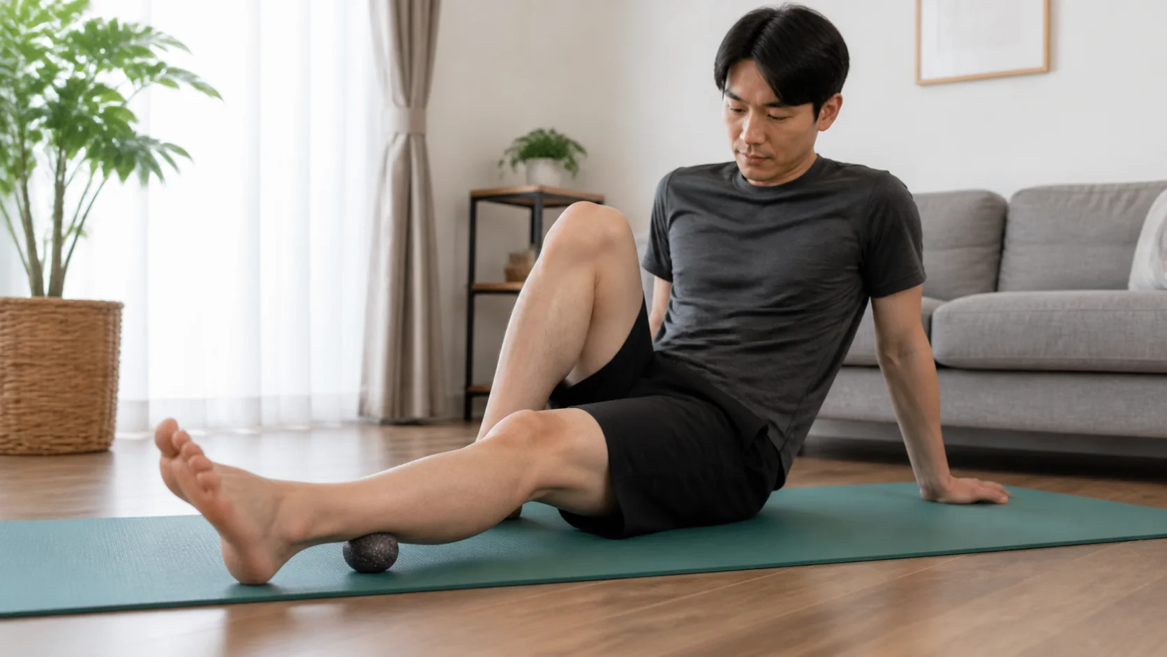 足裏をボールでほぐす男性