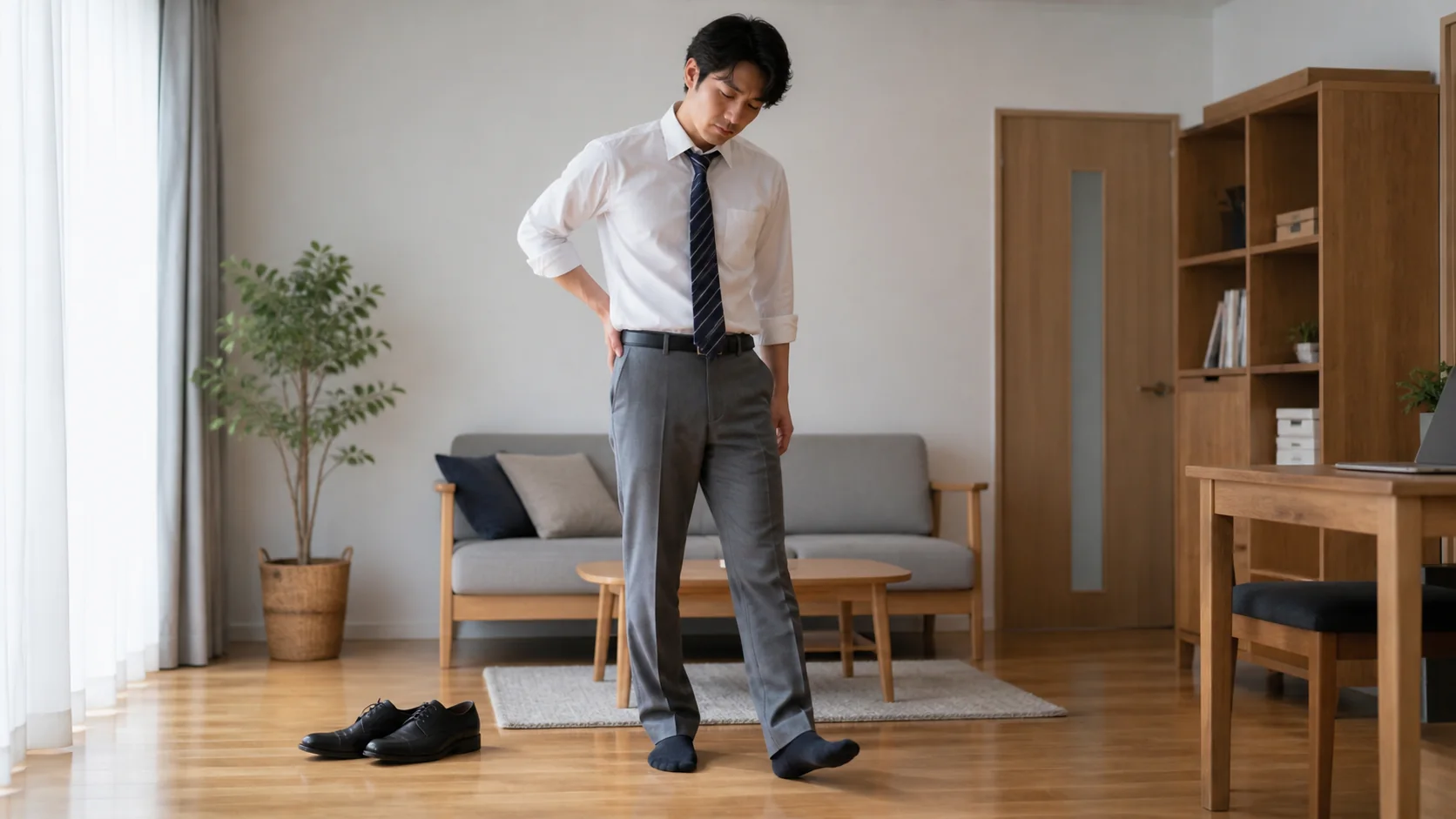 立ち仕事後に足裏の疲れを感じる男性
