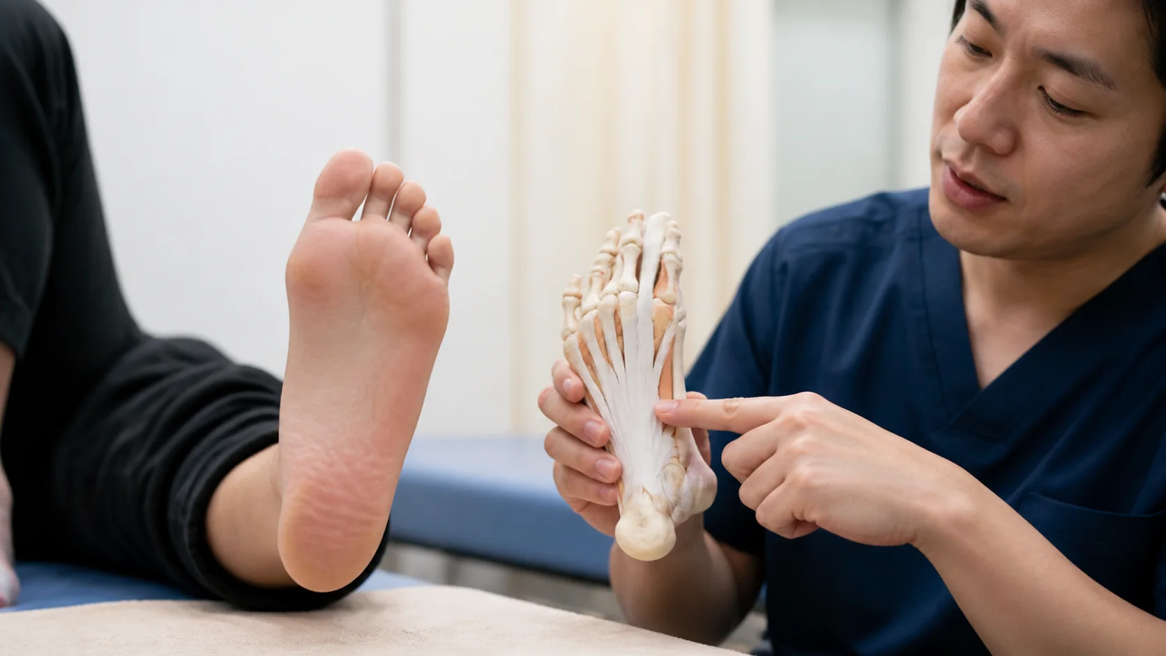 足底腱膜の模型を使った足裏の説明