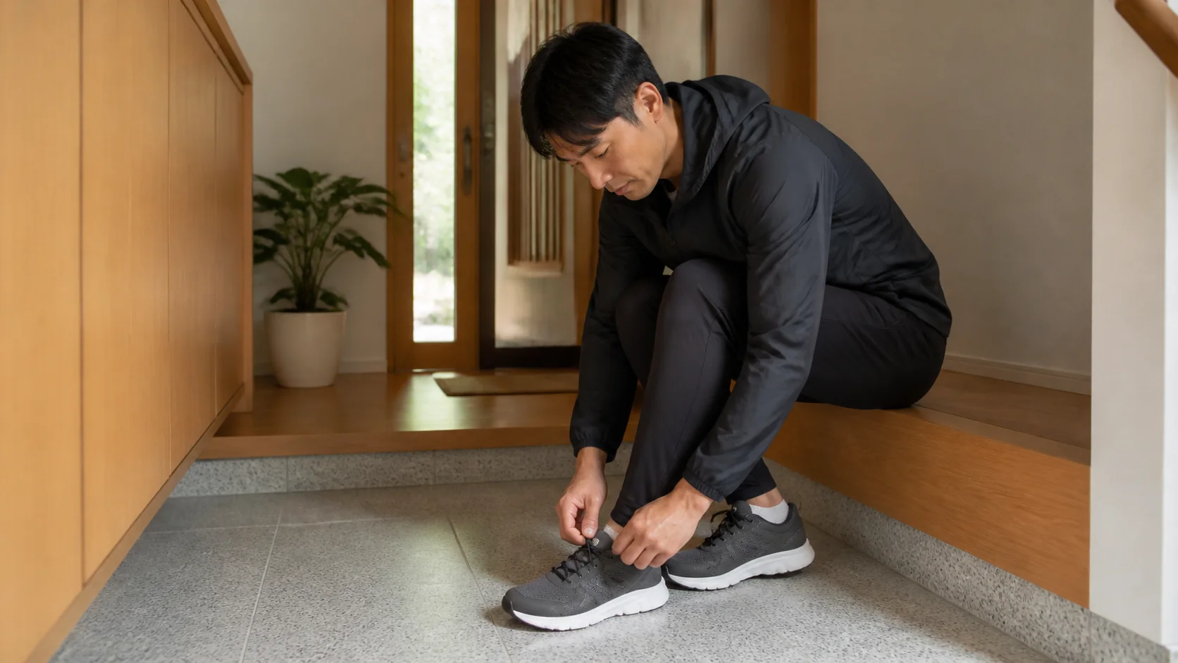歩行前に靴ひもを結ぶ男性