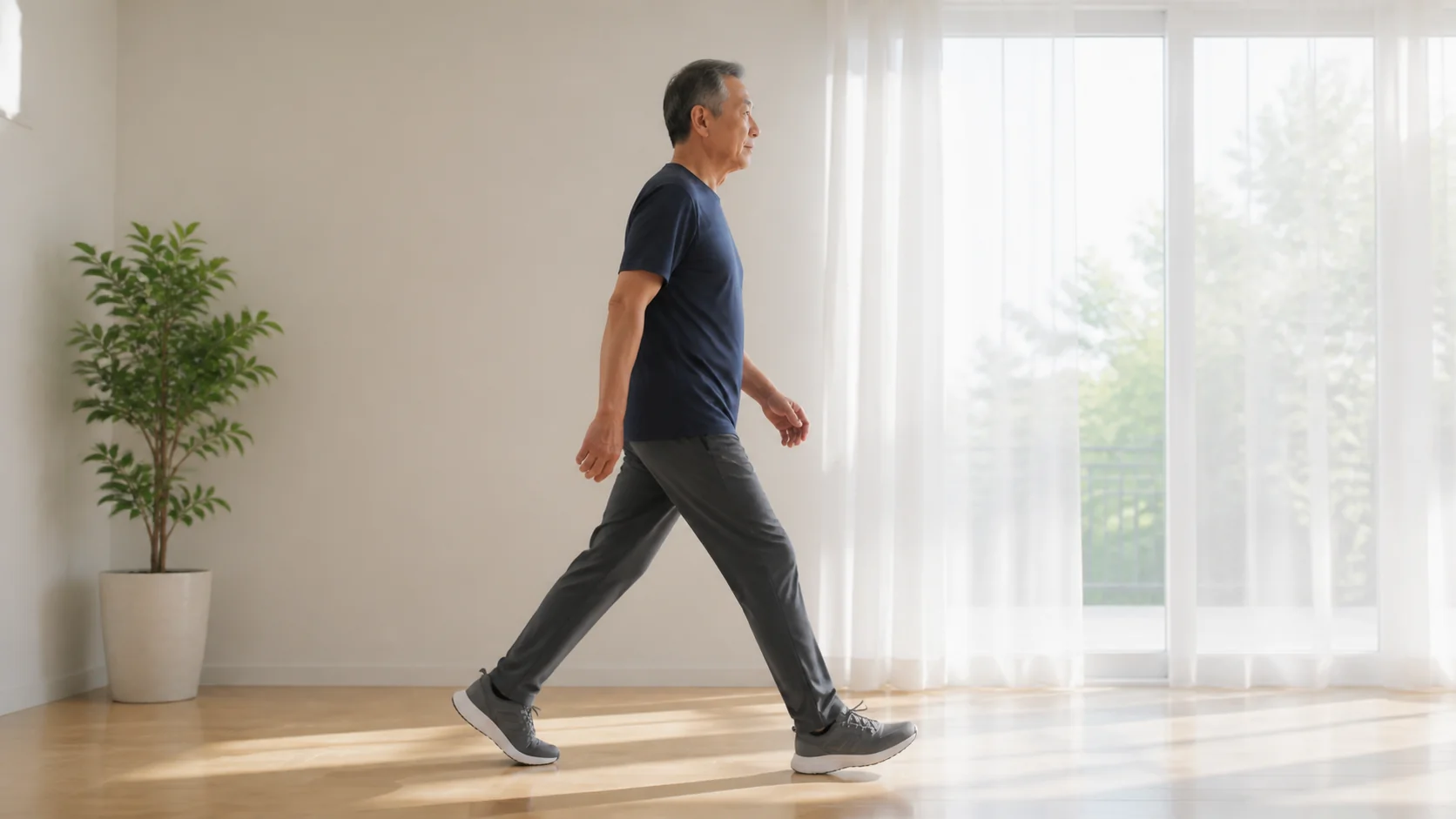 室内を歩いて歩幅を確認する高齢男性