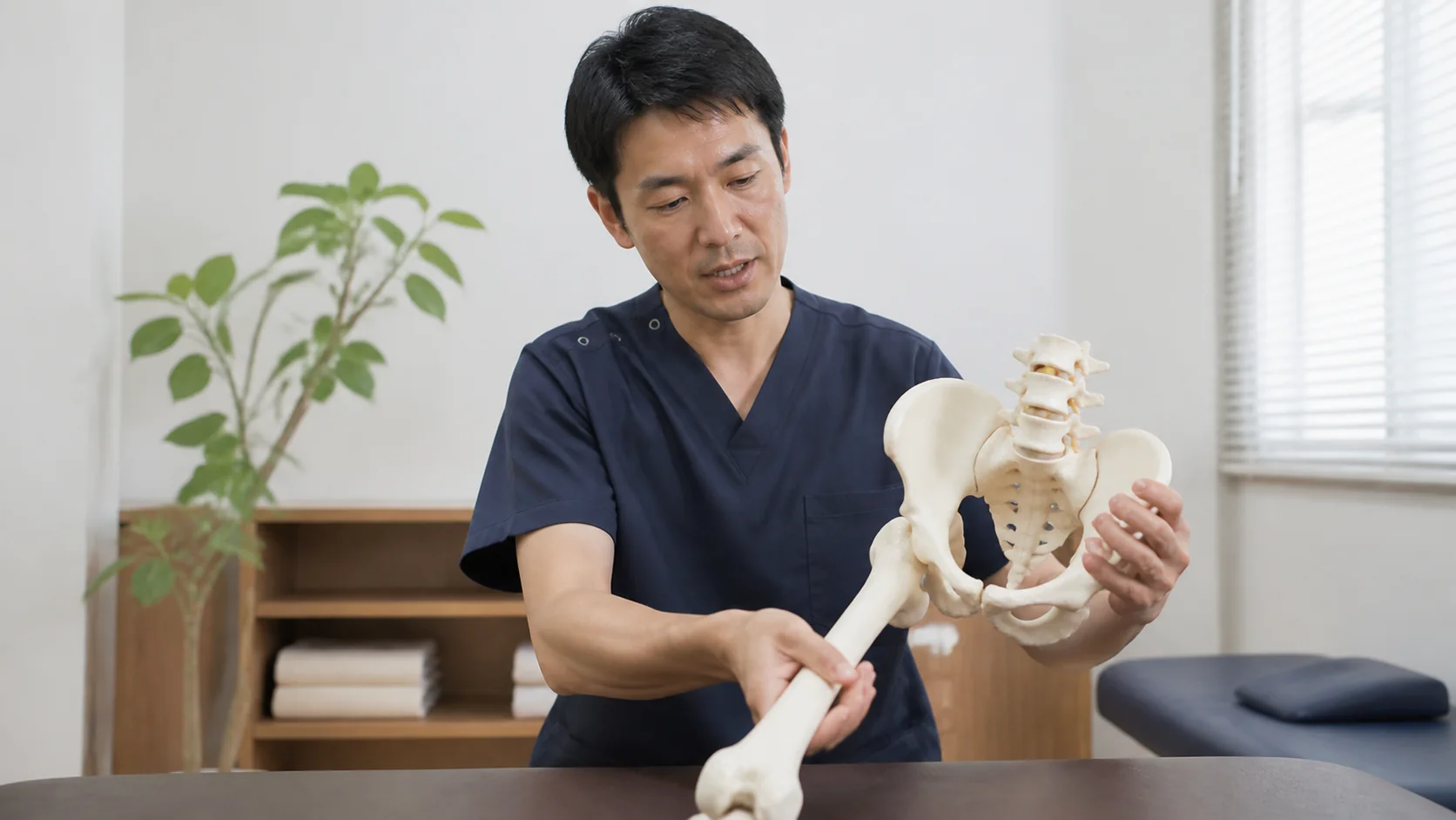 骨盤と股関節の模型で歩幅の仕組みを説明する様子