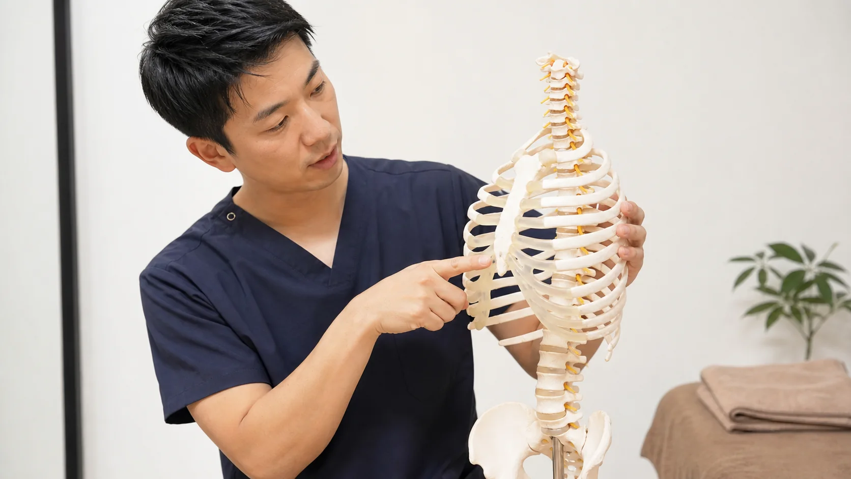 胸郭模型で呼吸と背中の動きを説明する施術者