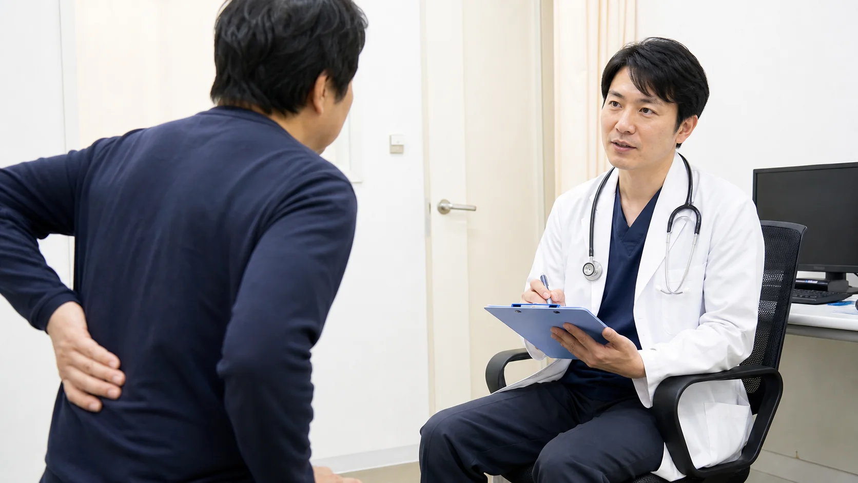深呼吸時の背中の痛みを医師へ相談する様子