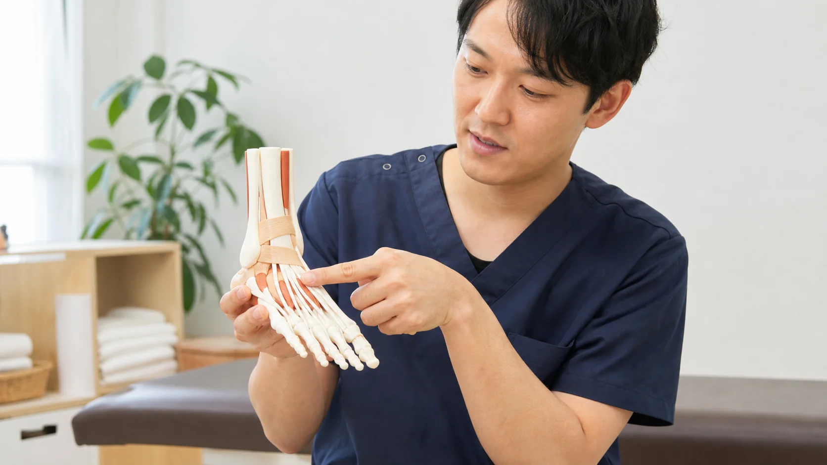 足首と足の甲の腱模型を説明する施術者