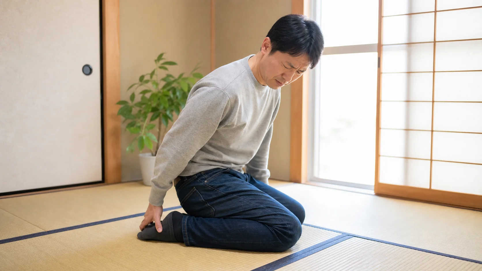 正座で足の甲に違和感を感じる男性