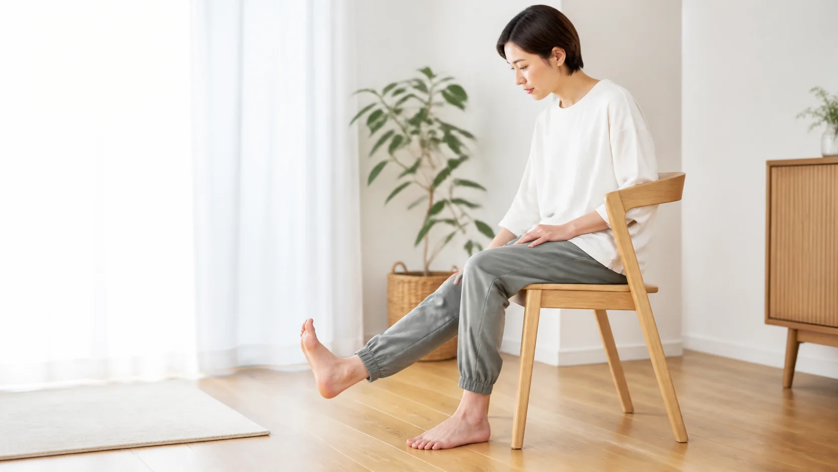 椅子に座って足首の動きを確認する女性