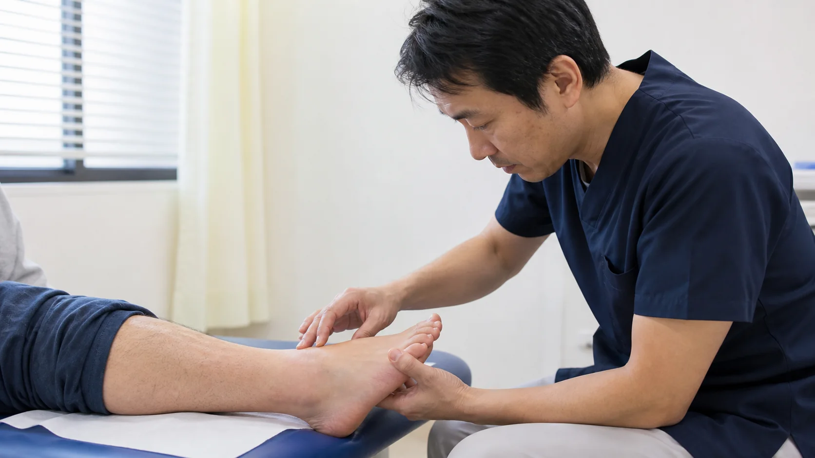 足の甲と足首を確認する施術者