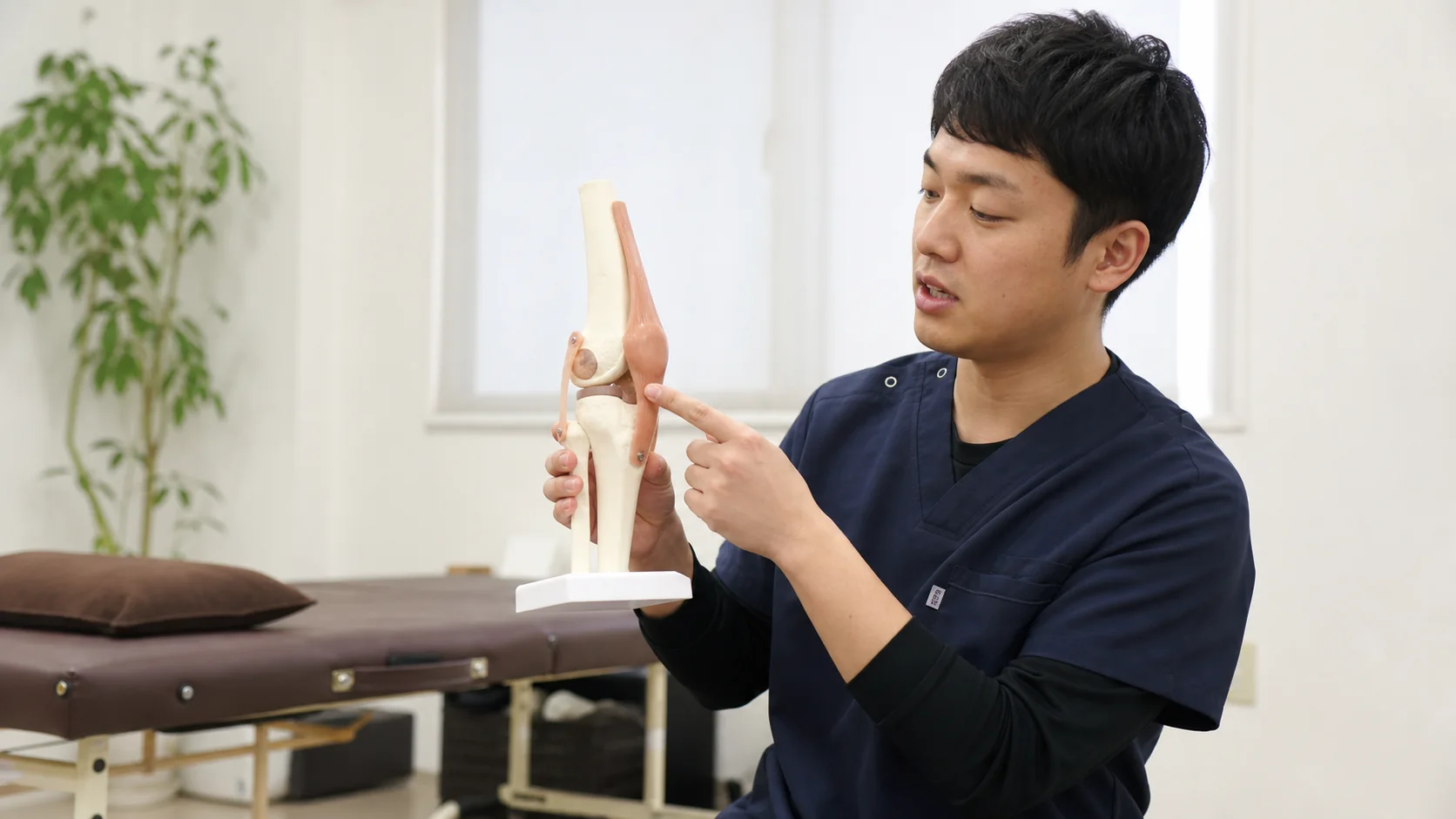 膝関節模型で立ち上がりの負担を説明する施術者