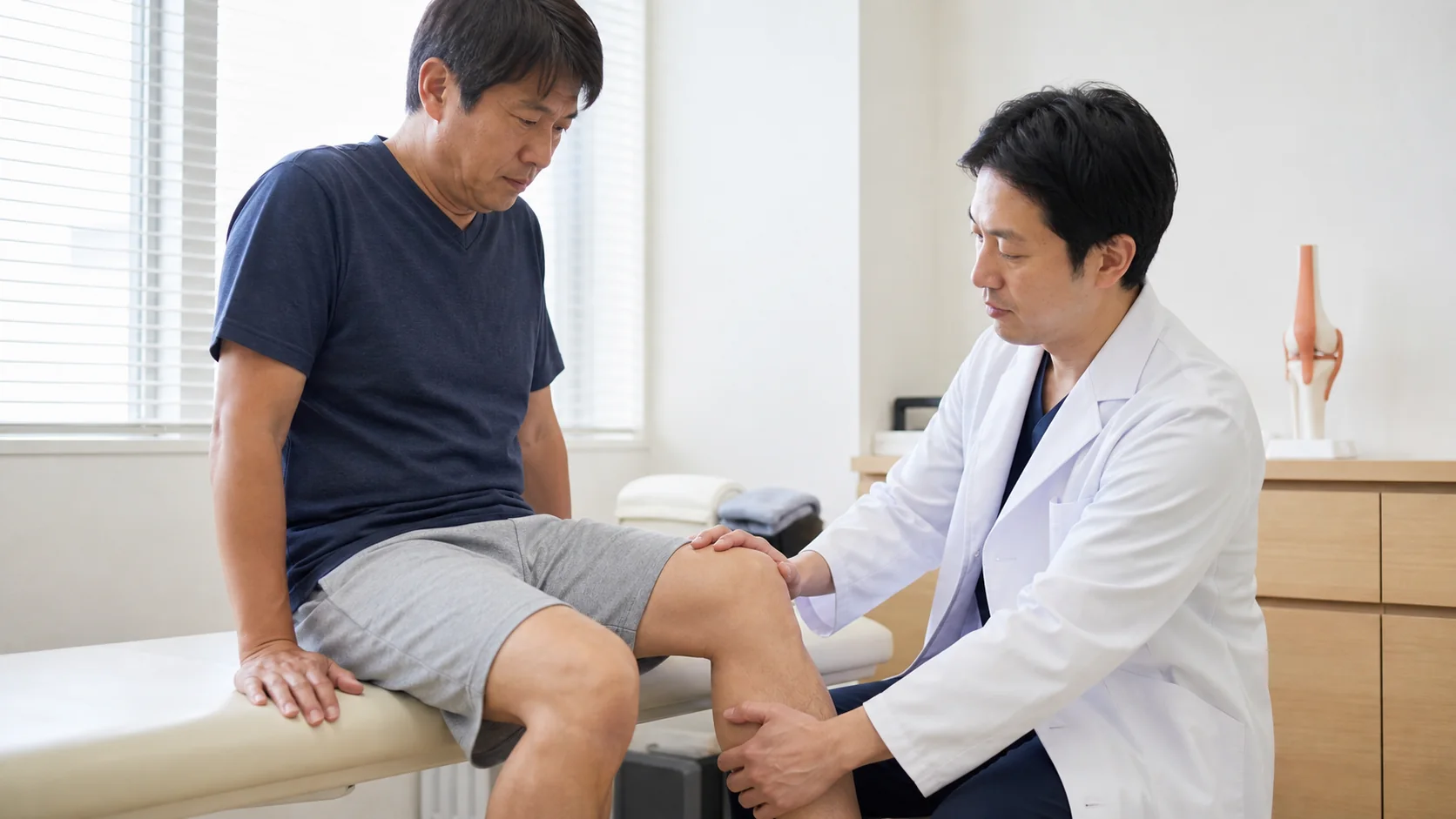 膝の痛みを医師に相談する男性