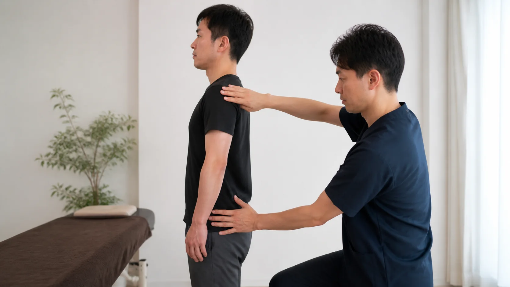 立ち姿勢を確認する整体の施術者