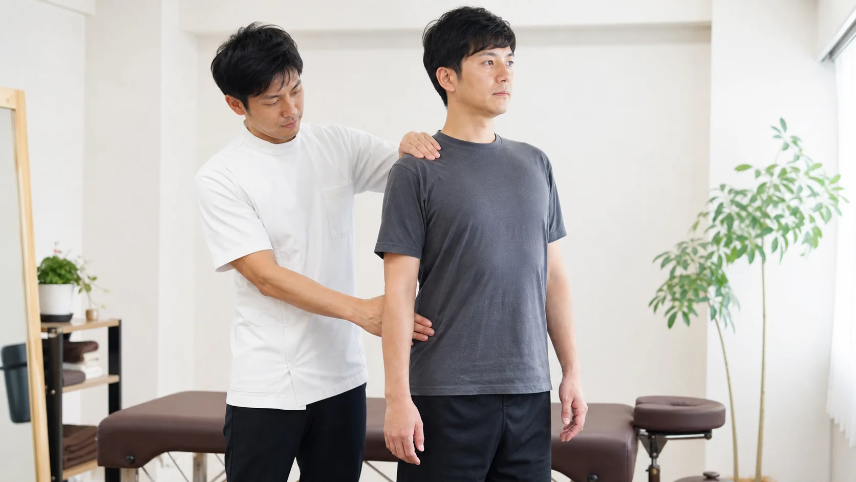 立ち姿勢を確認する整体の施術者