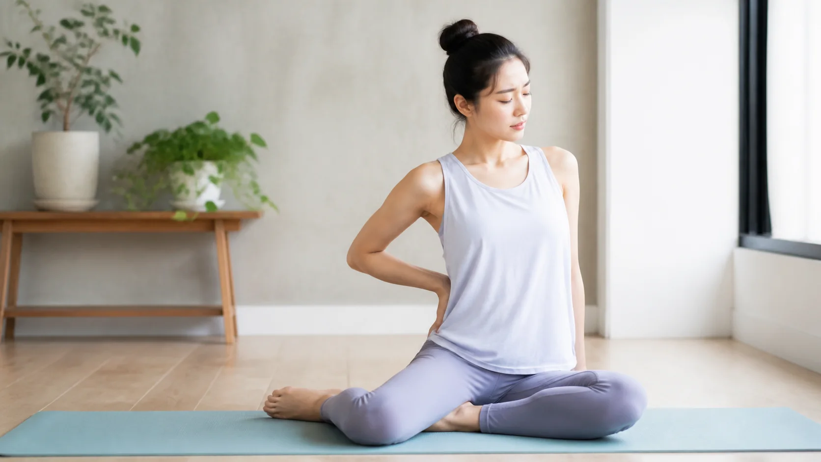 ヨガ後も戻る腰の不調を感じる女性