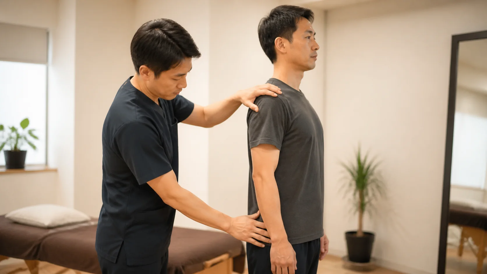 立ち姿勢を確認する整体の施術者