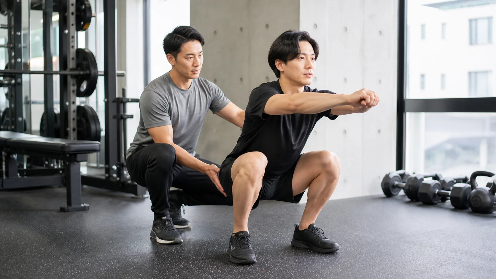 スクワットを指導するパーソナルトレーナー