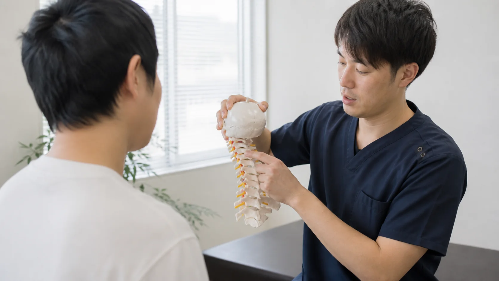 首の動く方向を模型で説明する施術者