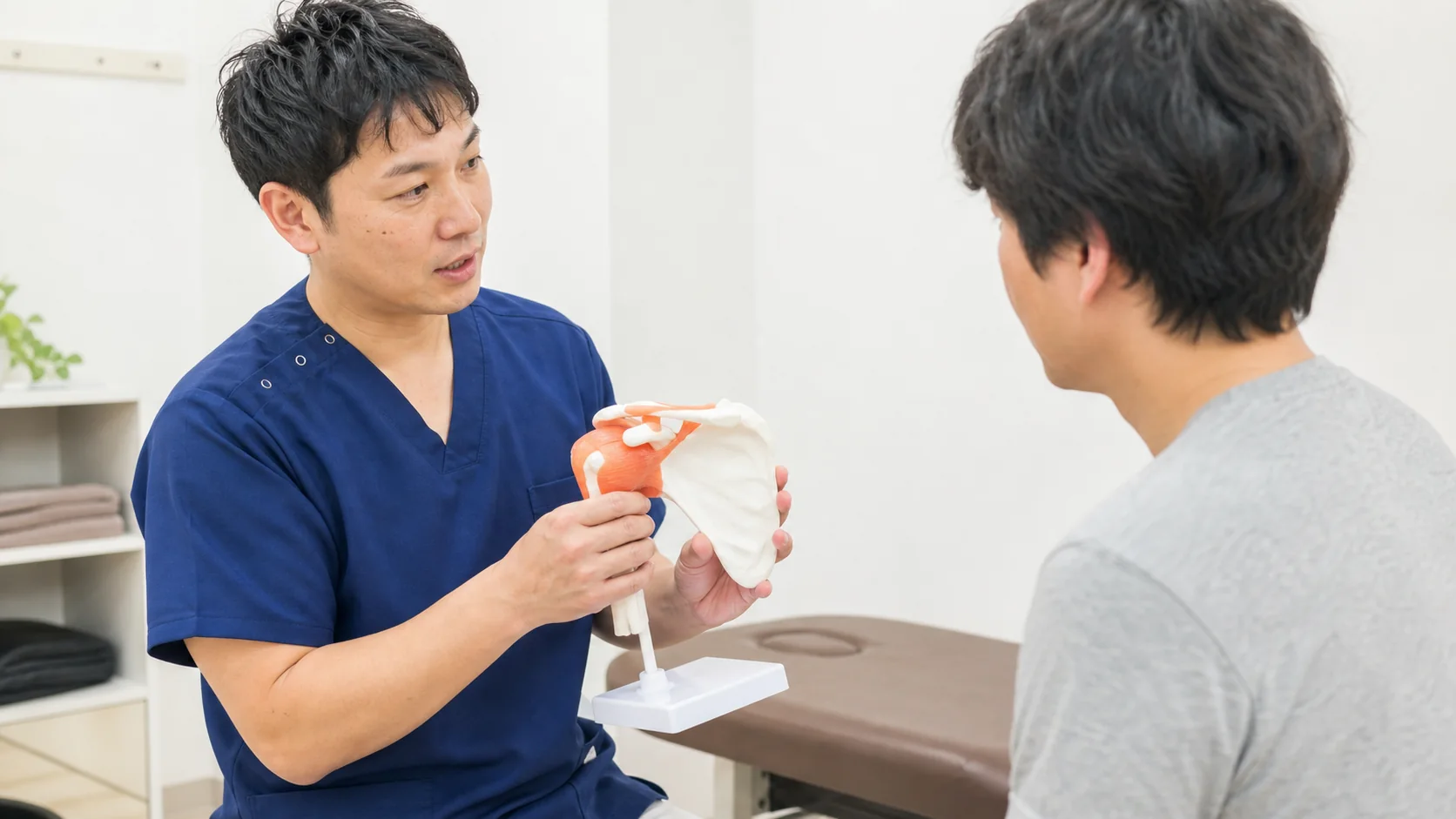 肩関節の動きを模型で説明する施術者