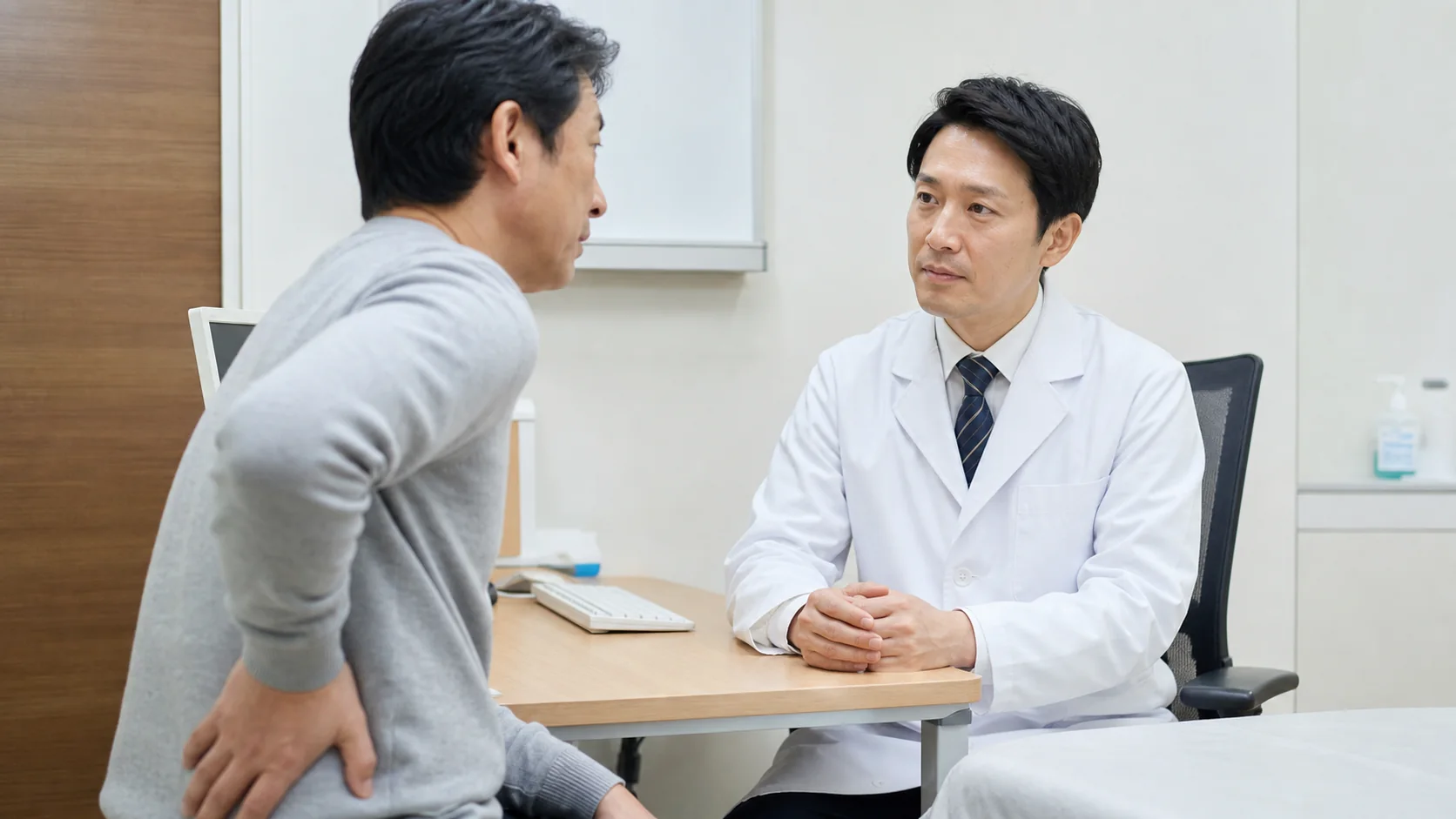 続く腰痛を医師に相談する男性