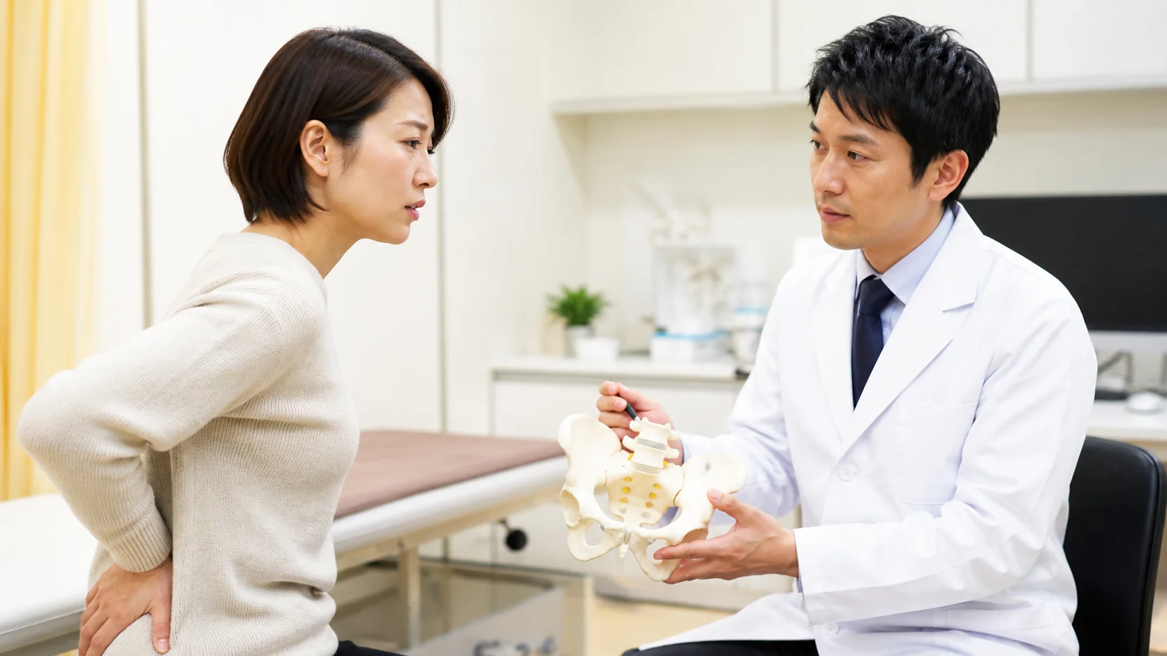 尾てい骨の痛みを医師に相談する女性
