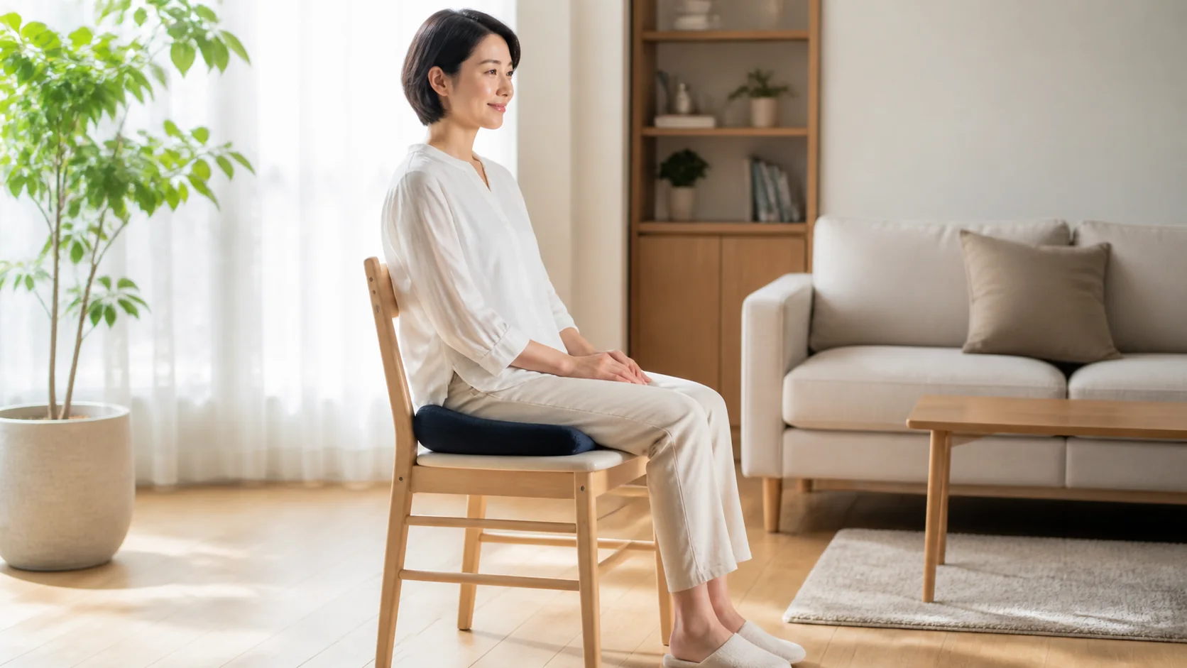 尾てい骨用クッションで正しく座る女性