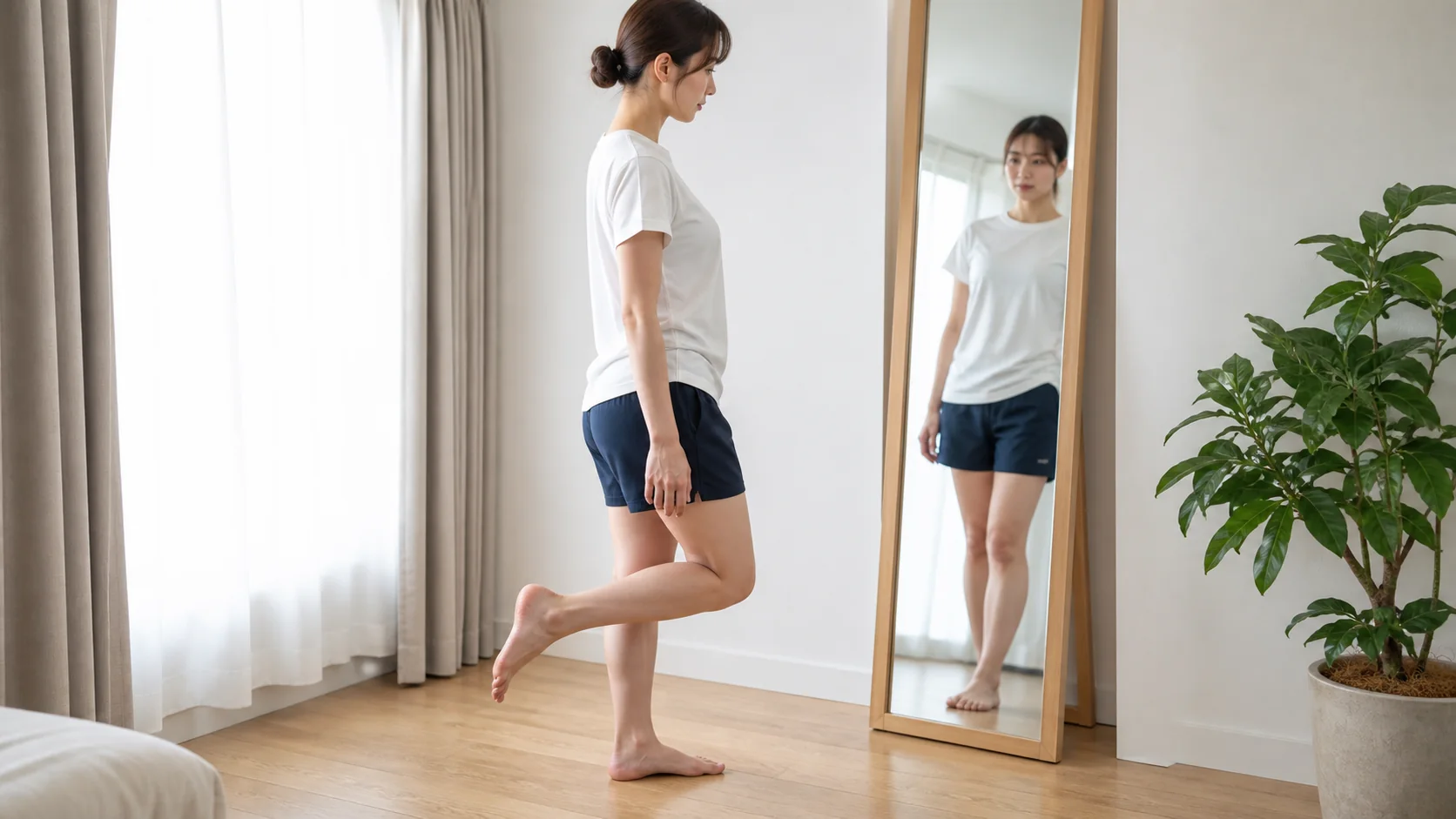 鏡で膝の反りをセルフチェックする女性