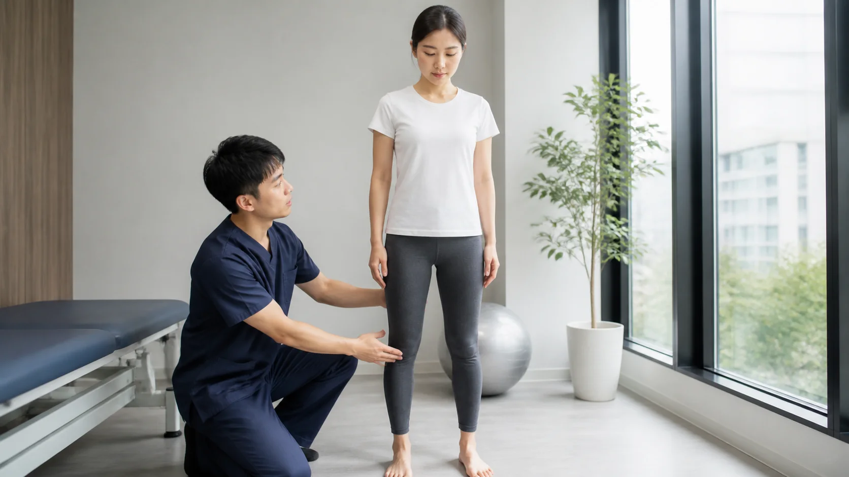 膝をロックしない立ち方を施術者が確認する女性
