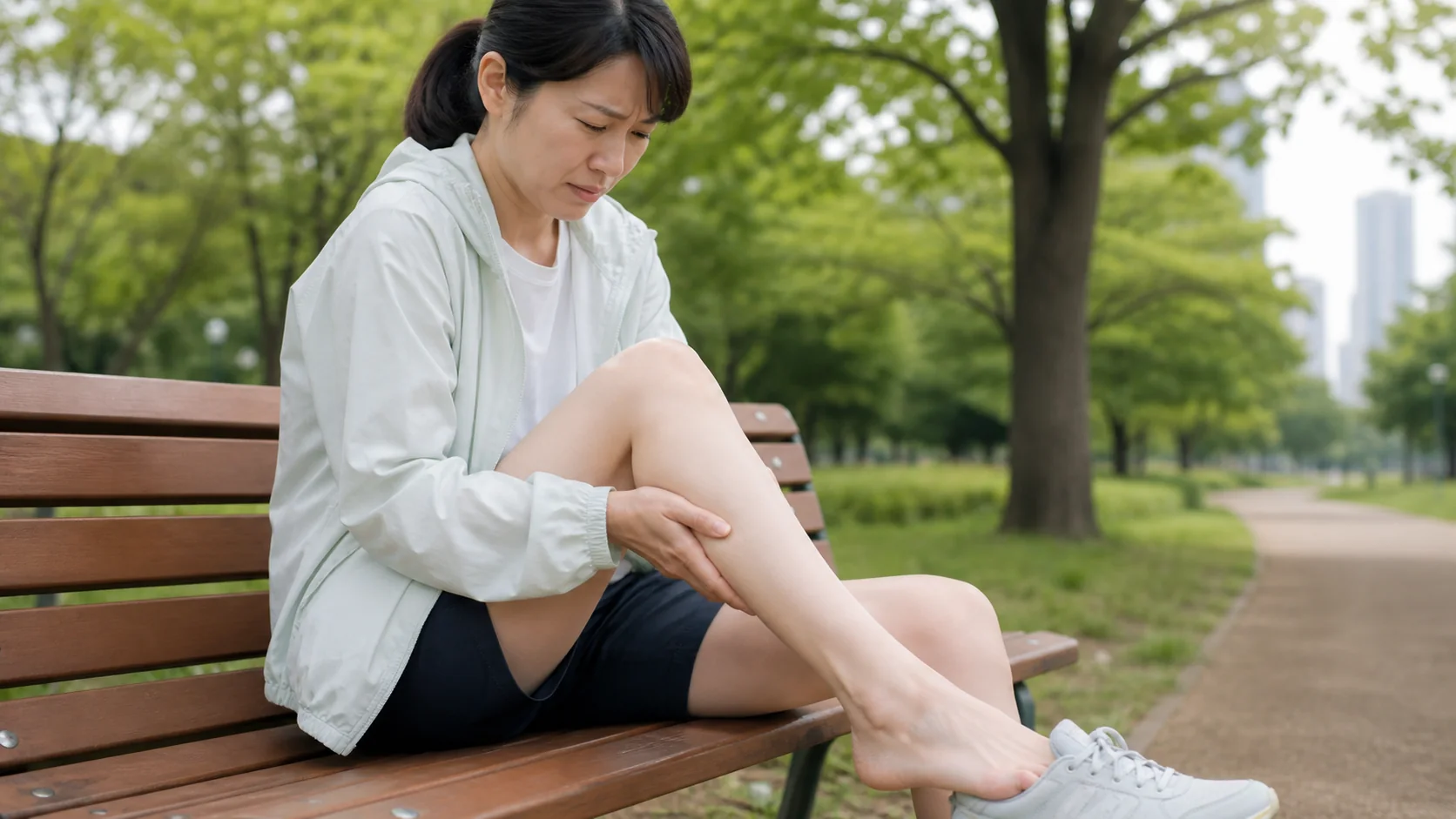 歩いた後に足の外側を気にする女性