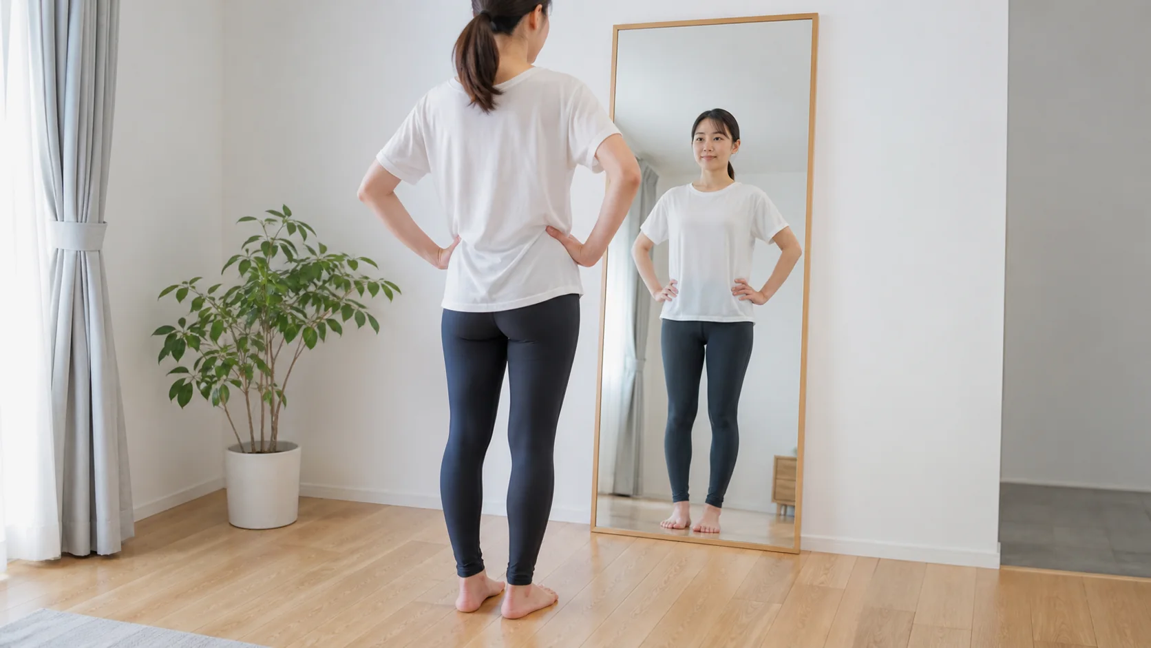 鏡で左右の足裏の重心を確認する女性