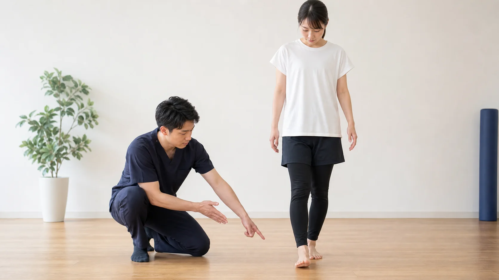 歩行時の重心移動を施術者が確認する女性
