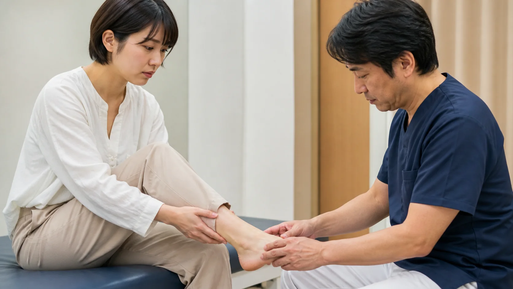 足の外側の痛みを施術者に相談する女性