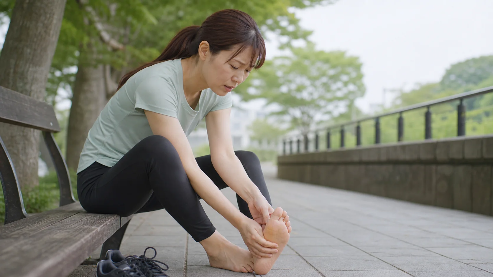 歩いた後に足の付け根を気にする女性