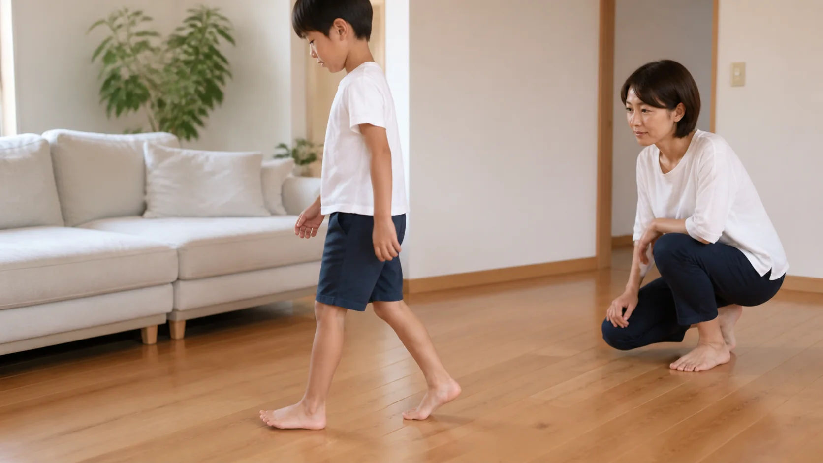 子供の歩き方を見守る母親