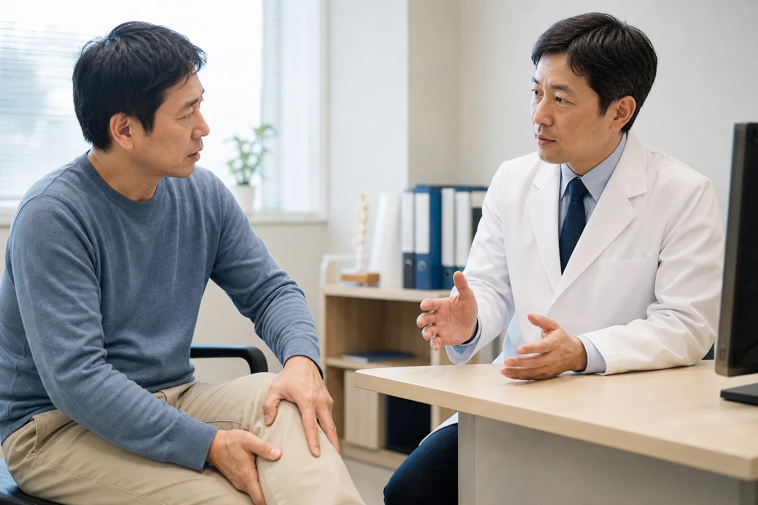 足に力が入らない症状を整形外科医へ相談する男性