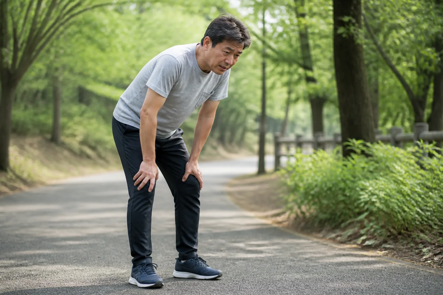 歩くと脚が重くなり前かがみで休む男性