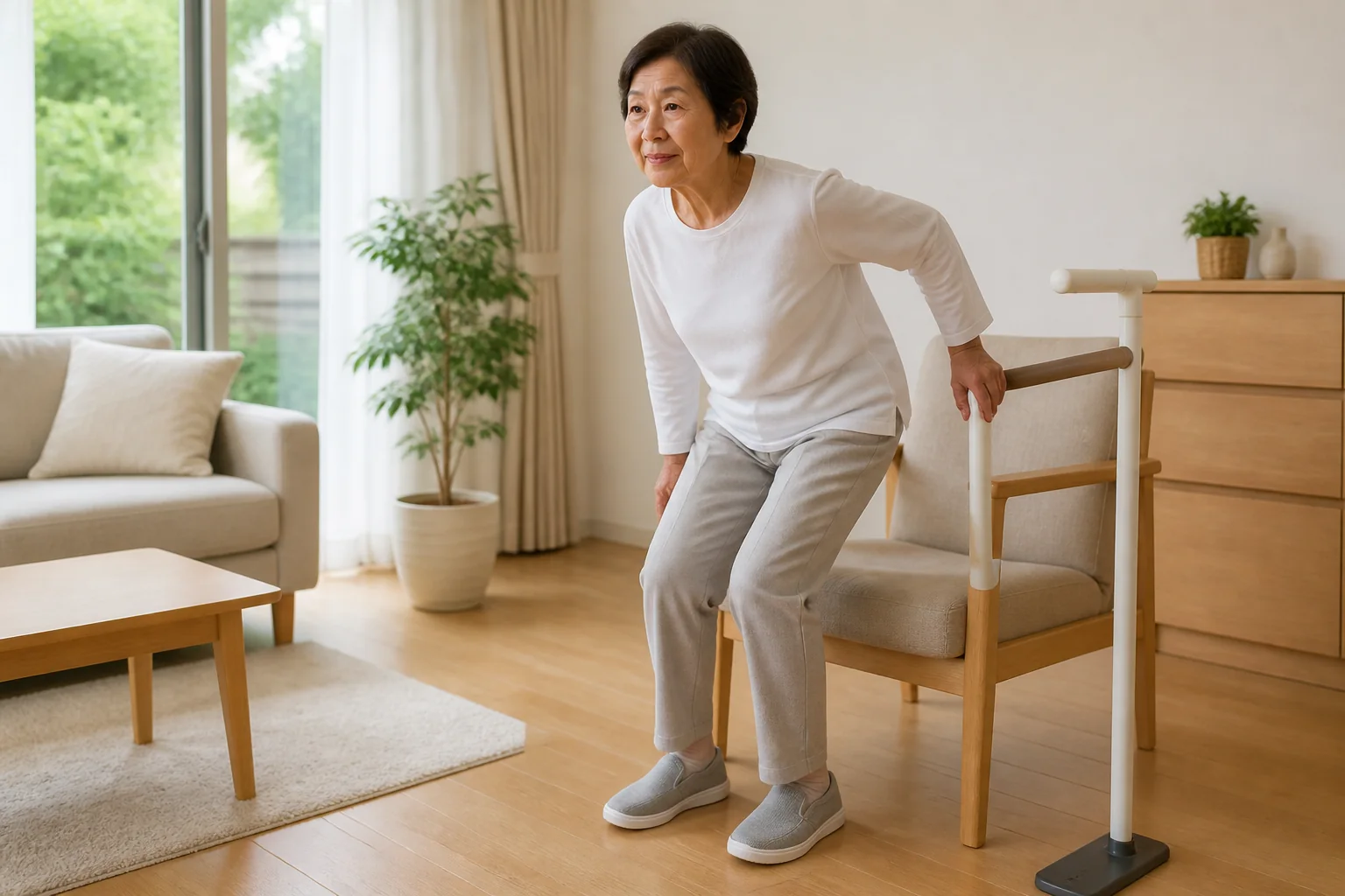 安定した椅子で安全に立ち座り運動を行う女性