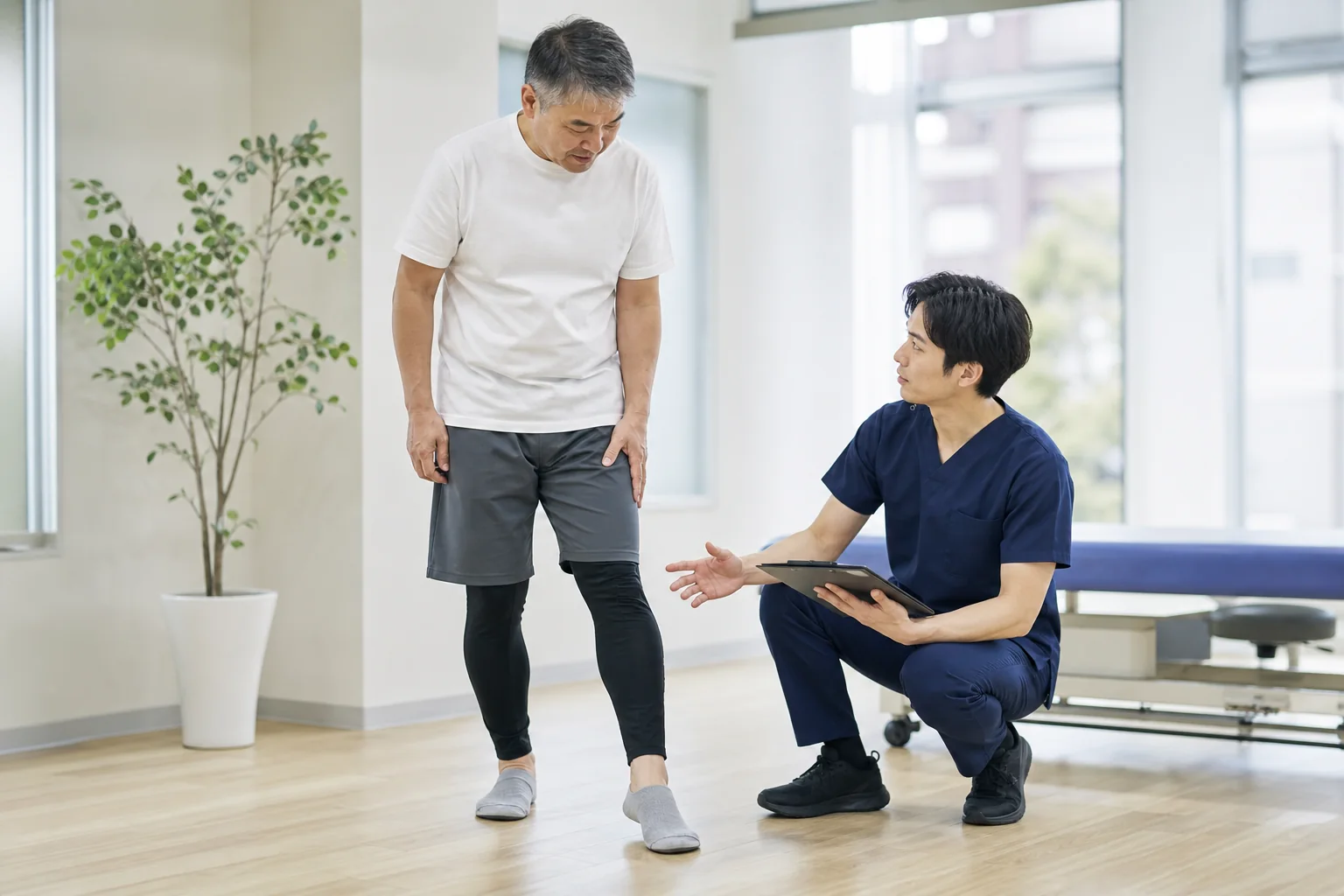 脚の力の入り方と歩行状態を確認する医療従事者