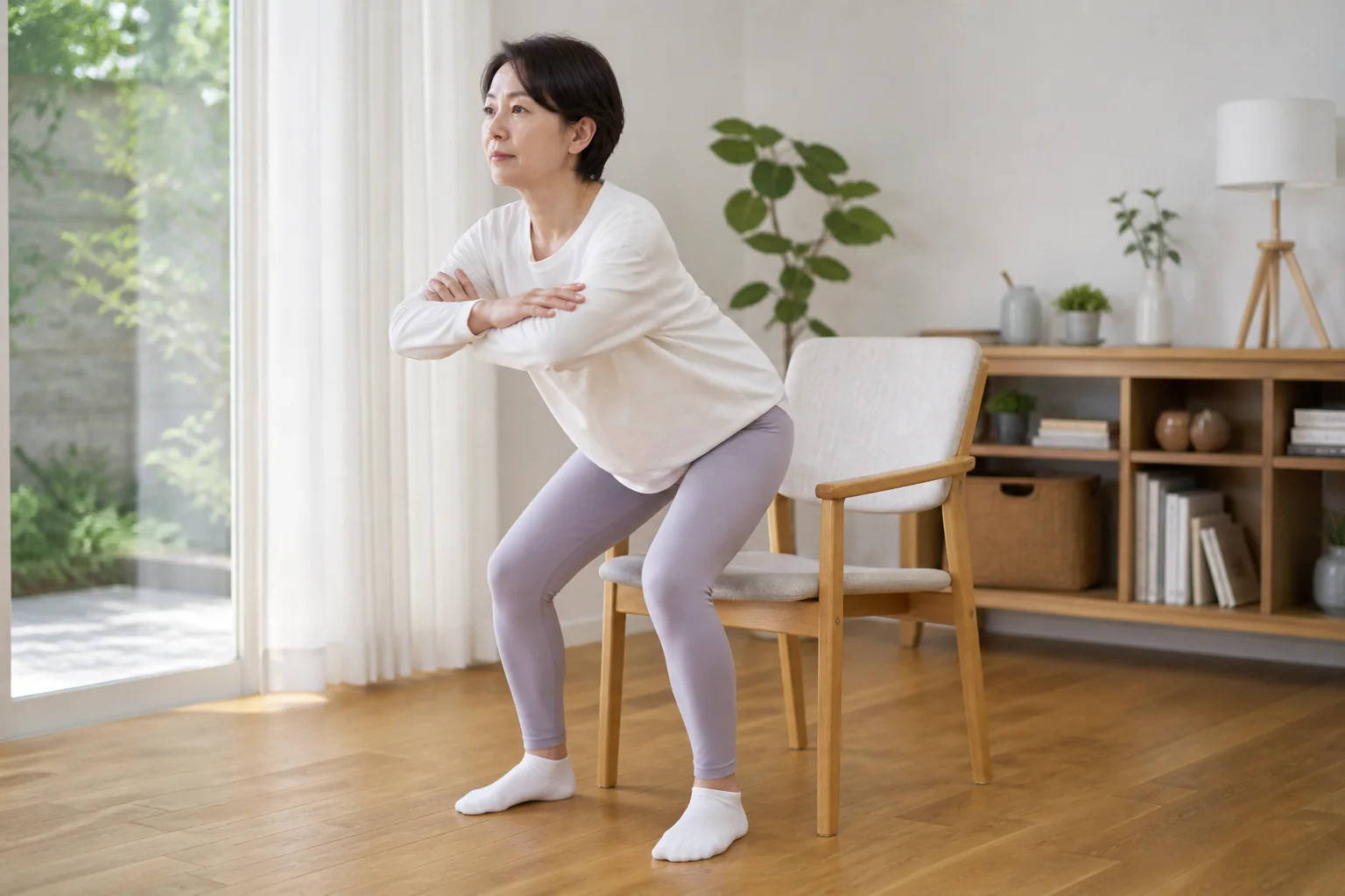 椅子を使って脚とお尻の使い方を確認する女性