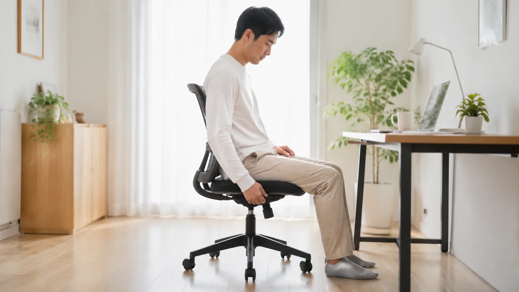 椅子の高さと骨盤の向きを整えて座る人