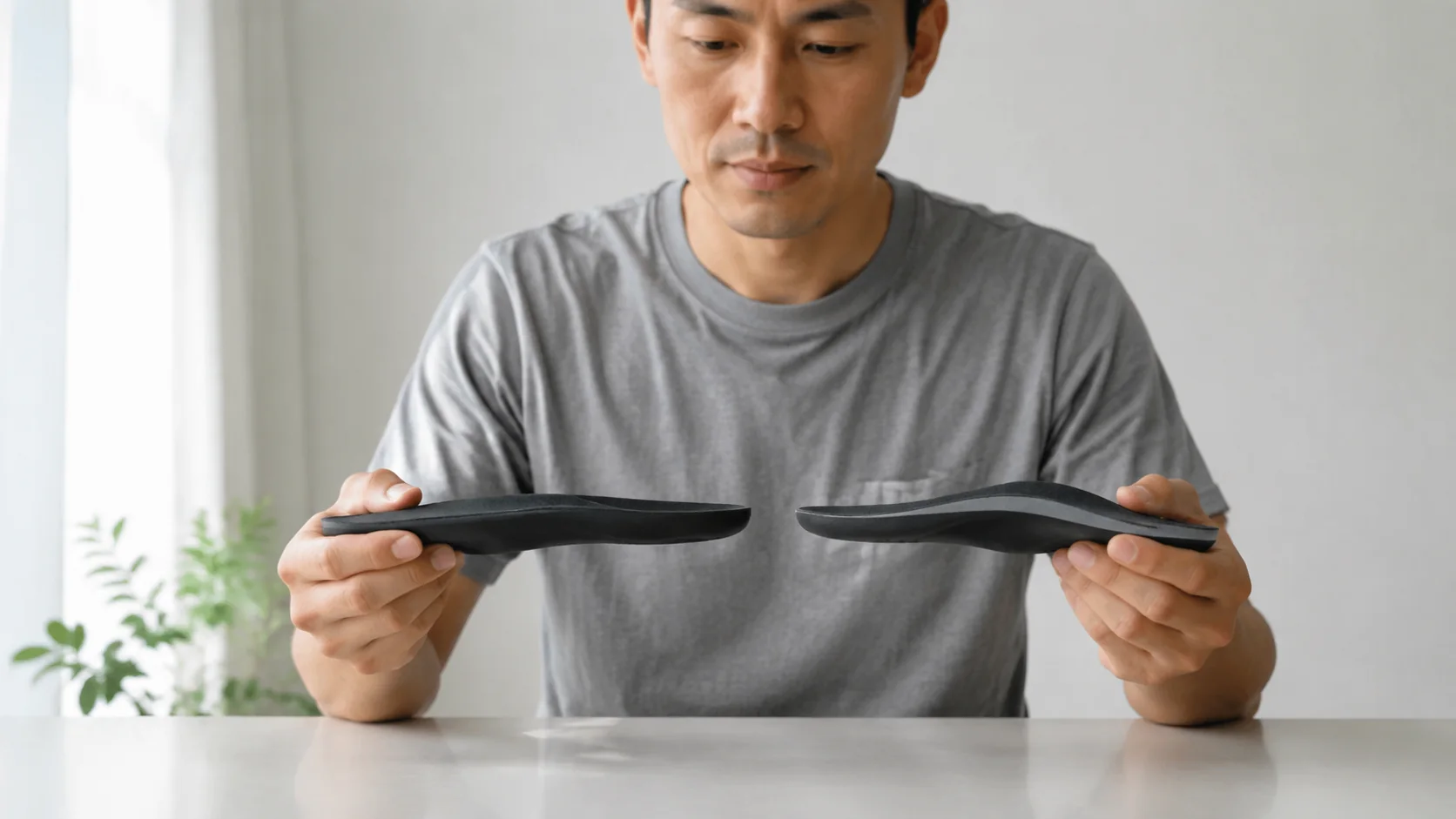 方向の異なるインソールを比較する人