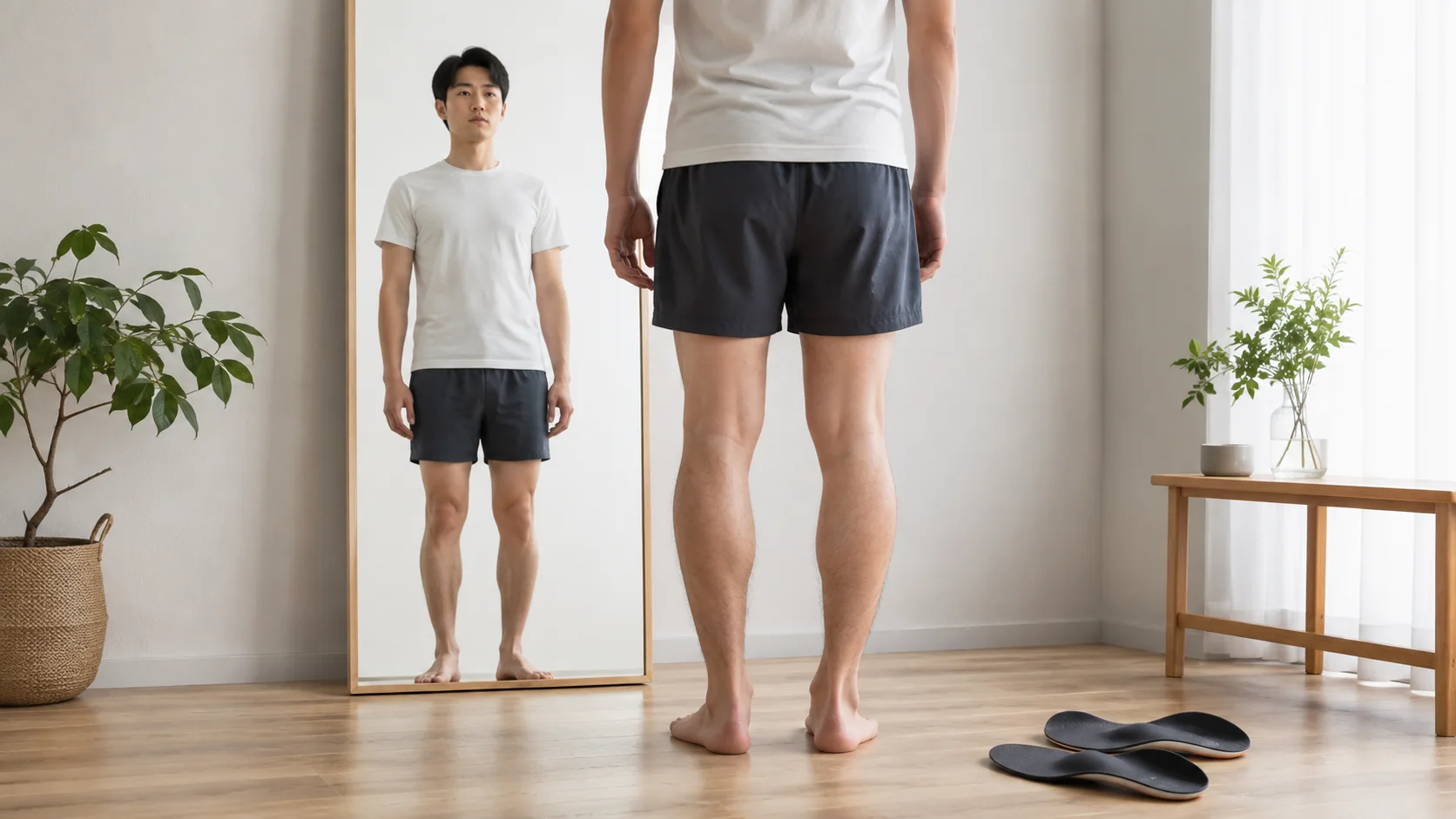 鏡の前でO脚の状態を確認する人