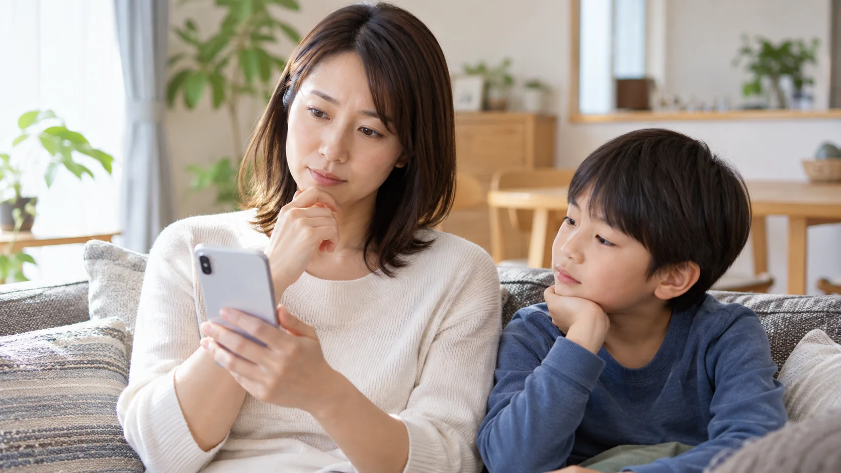 スマートフォンで整体院の受け入れ年齢を確認する保護者と子ども
